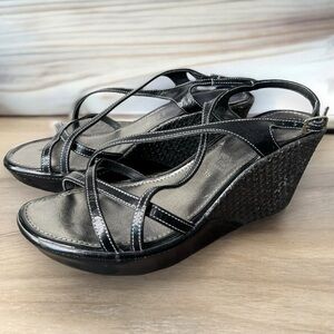 Versani Black Italian Leather Strappy Wedge Sandals